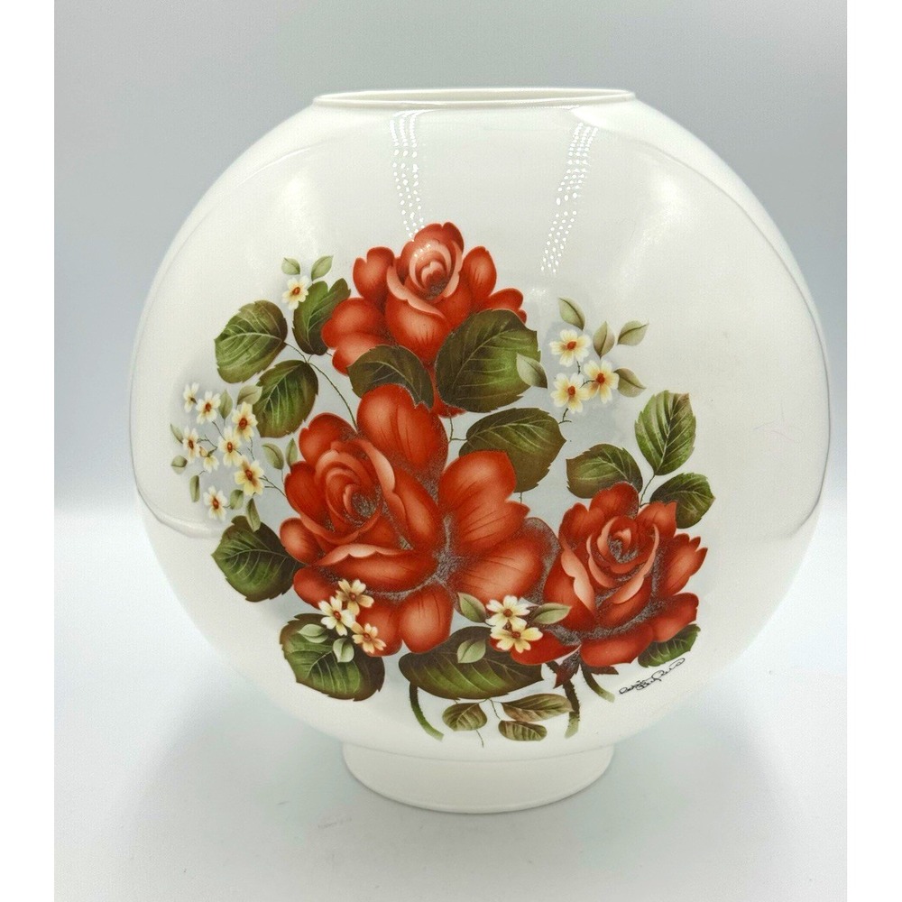 White Glass Globe Lamp Shade Red Rose Floral Pattern Decorative 10 in